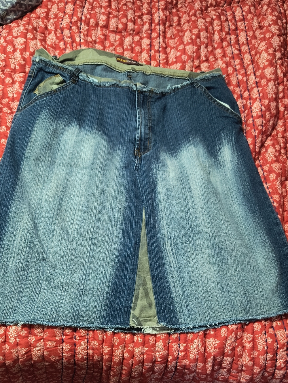 Neeso Women's Blue Denim A-Line Skirt with Front Slit And Camo Accents